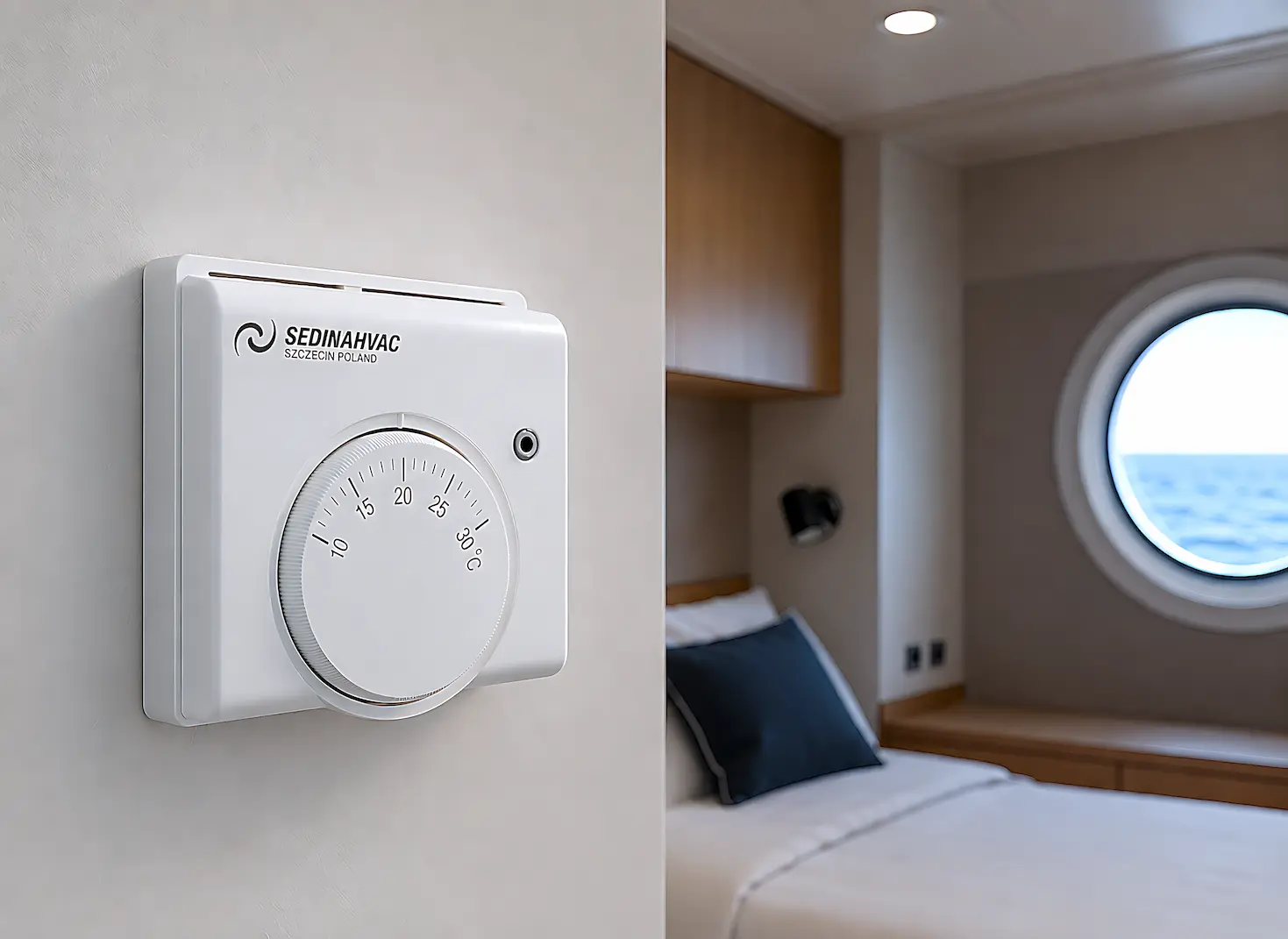 TR-001X wall-mounted room thermostat in a ship cabin